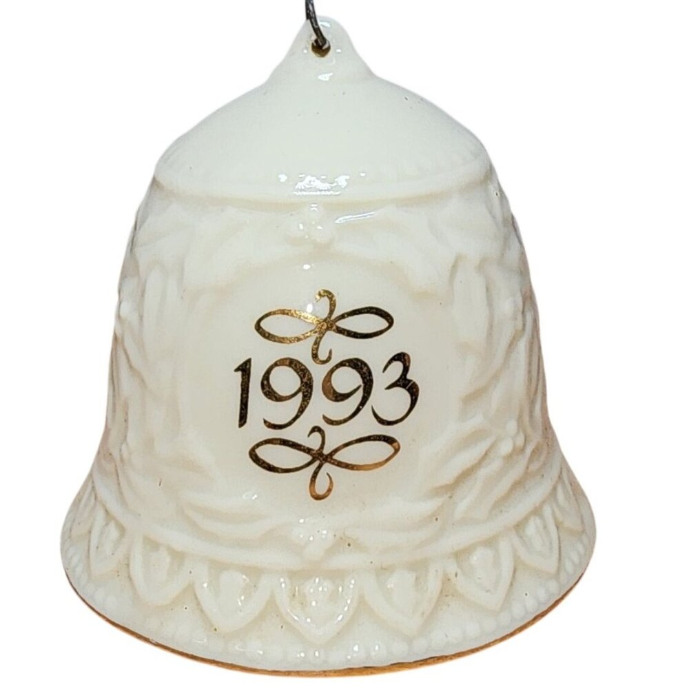 Vintage Ceramic AGC, INC Taiwan Cream Gold Bell Ornament 1993 Christmas Holiday